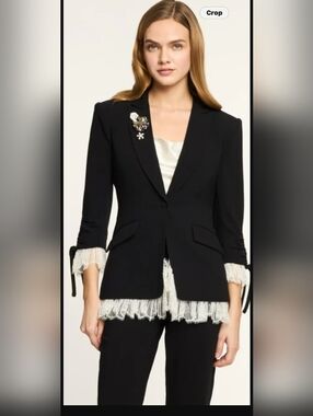 cinq a sept Black Blazer with White Lace Trim and Brooch